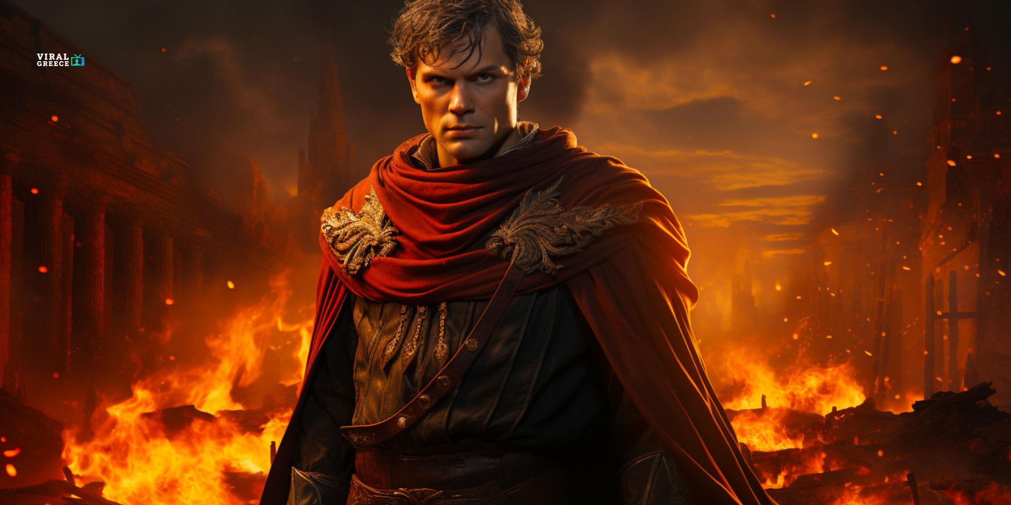 emperor nero staring at the camera with the ancient city of rome burning in the background