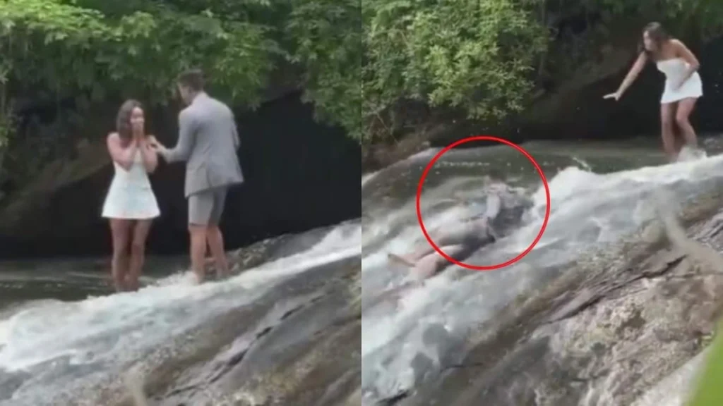 Γονάτισε για να της ζητήσει να τον παντρευτεί – και κατέληξε στο νερό ( VIDEO )