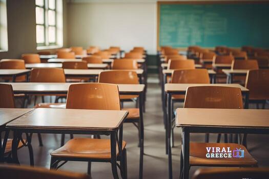 ai-generated-empty-classroom-back-to-school-concept-in-high-school-vintage-wooden-chairs-and-desks-studying-lessons-in-secondary-education-photo