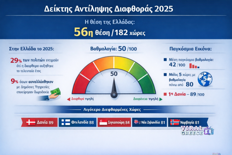 Ελλάδα: Στην 56η θέση παγκοσμίως στον Δείκτη Αντίληψης Διαφθοράς – Οριακή άνοδος στη βαθμολογία deiktis antilipsis diapthoras
