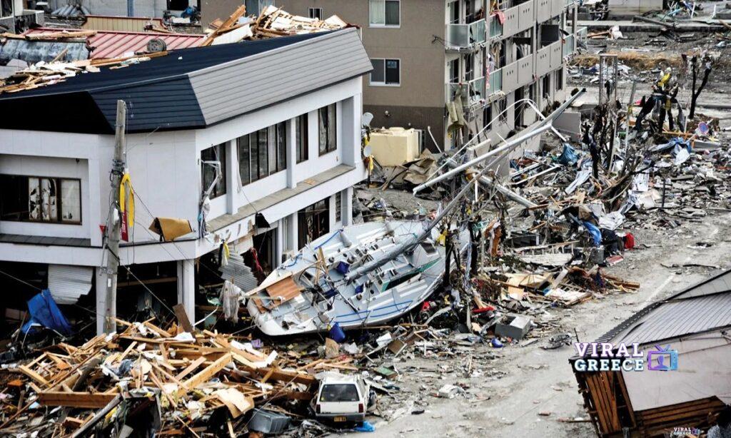 Fishing boat wreckage Ofunato tsunami city Japan March 11 2011