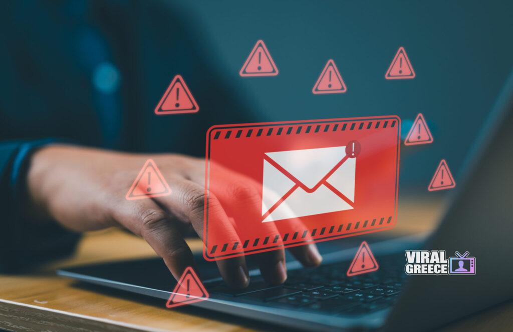 Threat phishing malicious danger hack warning mail thief scam alert safety letter technology online Cyber crime security concept Alert Email inbox and spam virus with warning caution 2048x1327 Viral Greece