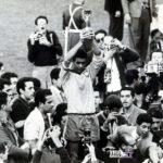 World Cup Final 1962 Santiago Chile Brazil 3 v Czechoslovakia 1 17th June 1962 Brazilian captain Mauro holds aloft the Jules Rimet trophy after his team defeated Czechoslovakia to win their second consecutive World Cup championship Viral Greece